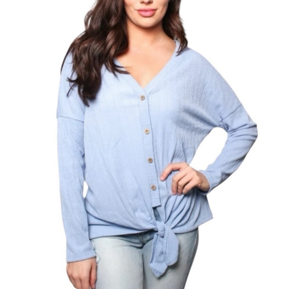 Blue mint faux Button front belly tie Women's Top